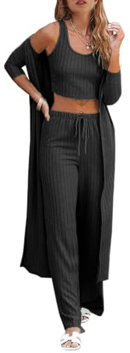Fessceruna Womens 3 Piece Lounge Sets Pajamas Knit Long Sleeve Cardigan Crop Top Wide Leg Pants Loungewear Set A-black