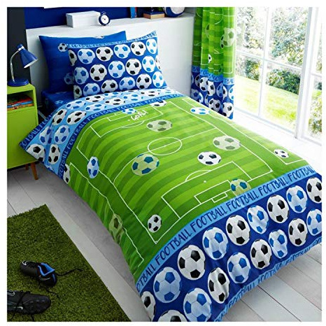 FAIRWAYUK Boys Bedding Single Bed Size, Soccer Court Reversible Duvet Cover Set With Pillow Case, Super Soft, Quilt Covers (Goal Blue, Single)