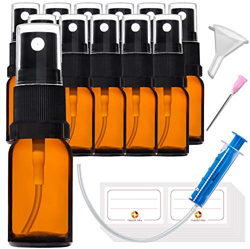 HandsUnity 10ml-12pcs de Flacon Pulvérisateur en Verre - set de Flacons en Verre Ambré de Pharmacie avec Vaporisateur Noir Flacon Pulvérisateur en Verre Brun comprenant 29 Accessoires