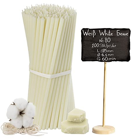 №80-100 Stk. Weiße Bienenwachskerzen-Kollektion: Traditionelle Stab- und Haushaltskerzen, Ritualkerzen sowie farbige Wachskerzen ein Set für Rituale L-18,5 cm Ø-6,1 mm, 60 Min Brenndauer
