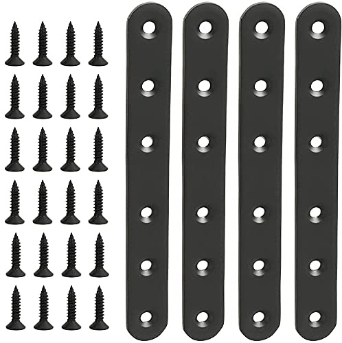 4 Pcs Black Flat Straight Braces Stainless Steel Straight Brackets 6.1 inch Heavy Duty Mending Plate for Wood, Metal Repair Joining Bracket, with Screws