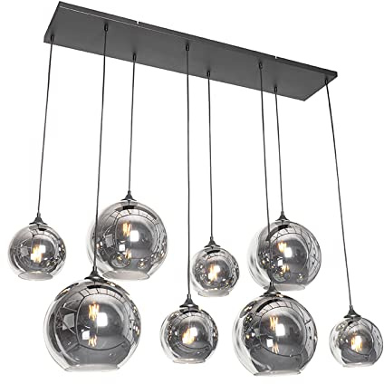 Qazqa Esstisch Art Deco Pendelleuchte, Pendellampe - Sandra - Schwarz mit Rauchglas, 8-flammig, 140cm, Ideal als Esszimmerlampe