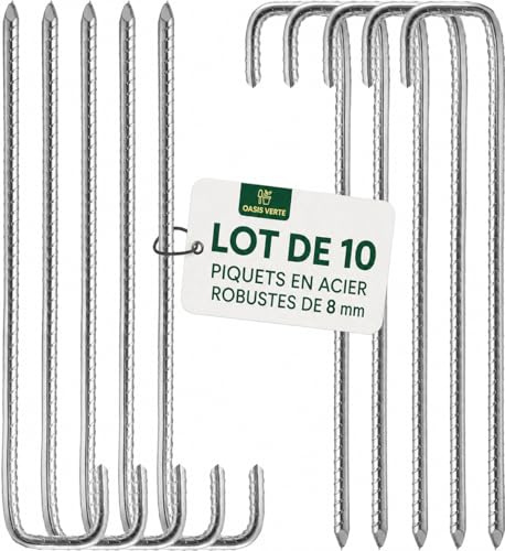 GREEN HAVEN Confezione da 10 picchetti per tenda ultra resistenti, extra spessi, in metallo, picchetti da campeggio, antiruggine, con perno a J spesso 8 mm, ideali per recinzioni agricole, campeggio,