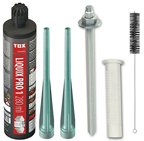 TOX Schwerlastbefestigungs Injektionsmörtel Set 4 Stück M8x110 Stix Ankerstange EDELSTAHL A4 + 4 Stück Siebhülse + 1 Stück Montagemörtel mit Statikmischer + BTG Bürste