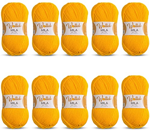 Wollidu Mila Garn zum Häkeln und Stricken 10 x 50g/133m Strickgarn 100% Polyacryl Häkelgarn Gelb