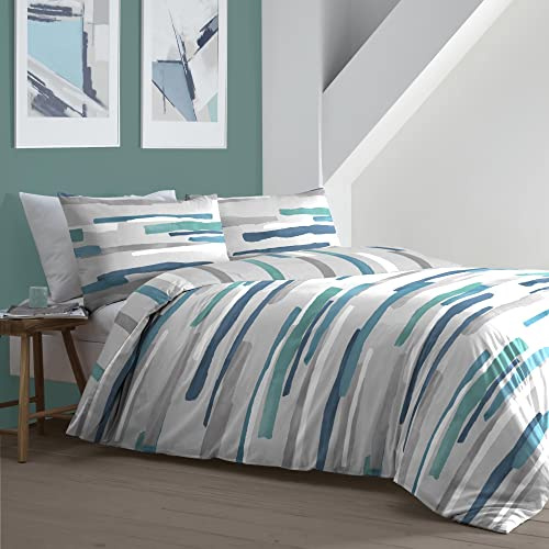 Fusion - Housse de Couette à Rayures Nautiques Bleues - 140 x 200 cm - 1 taie d'oreiller - Housse de Couette Bleue contemporaine - Parure de lit Gris/Bleu Sarcelle - Literie Bleu Sarcelle à Rayures
