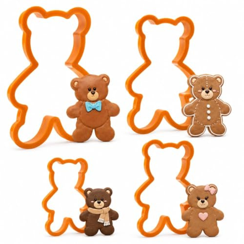 Juego de cortadores de galletas de oso de peluche, 4 piezas, cortador de galletas de plástico de osos de peluche para hornear en la cocina