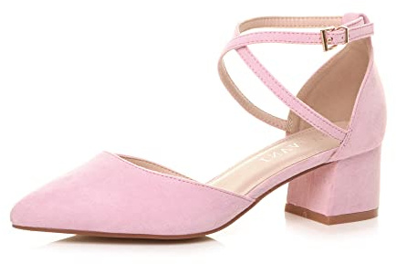 AJVANI Womens Ladies mid Block Heel Pointed Toe Cross Strap Two Part Mary Jane Court Shoes Sandals Size