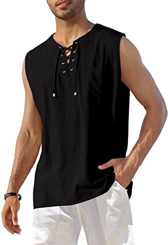 KUYIGO Los Hombres de algodón y Lino sin Mangas Henley Camisa con Cordones de Playa Casual Hippie Tops