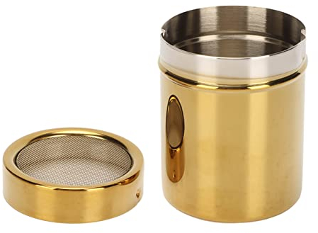 Icing Sugar Shaker Stainless Steel Cocoa Shaker Sugar Bowls & Shakers Spice Shaker with Lid for Chocolate Icing Sugar Salt, Cocoa Flour Coffee, 7x9cm Gold