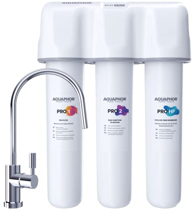 AQUAPHOR ECO PRO TRIO Aktivkohle Trinkwasserfilter mit 1 Wege Wasserhahn Kohleblock und Ultrafiltration Keimsperre bis 0,1 Mikrometer