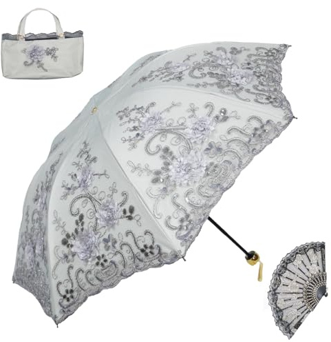 Aikelai Vintage Lace Umbrella, UPF50+ Sun Umbrella, 3D Flower Chinese Embroidery Compact Floding Umbrella for Walking, Wedding, Tea Party,Photo Shooting(8331-gray)