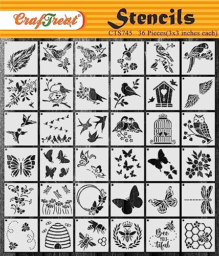 CrafTreat wiederverwendbare 36 Stück Schmetterlings-Malschablonen (3 x 3), Schablonen zum Basteln, schöne Design-Schablonen zum Malen auf Holz, Kleidung, Wand, Möbeln, Heimdekoration