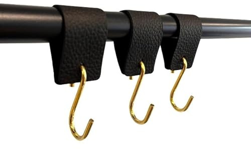 Kleiderhaken mit Lederschlaufe - Goldhaken - Schwarz – 6 Stück - S Haken - Fleischerhaken - Leder – Garderobenhaken