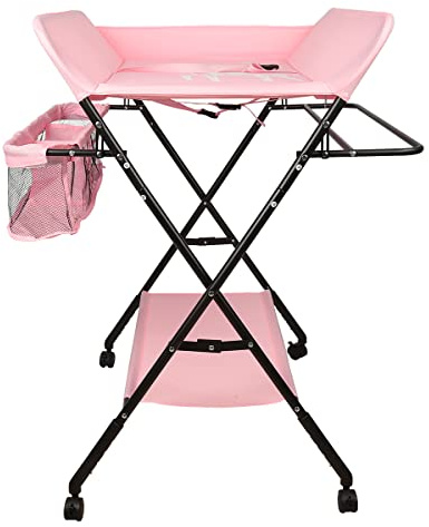 Baby Wickelkombi Klappbare Wickelkommode,Wickeltisch mit Rollen,Mobiler Wickeltisch mit Wickelauflage,Sicherheitsgurt und Ablagefächern-80 * 66 * 98cm (dunkelrosa)