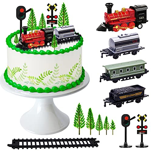 Lukinuo Tren Cake Toppers 13pcs Tren Pastel Decoraciones Mini Tren Juguete Tráfico Pista de Ferrocarril Luces Decoración para Pasteles Decoraciones para Niños Niños Tren de vapor Tema Cumpleaños