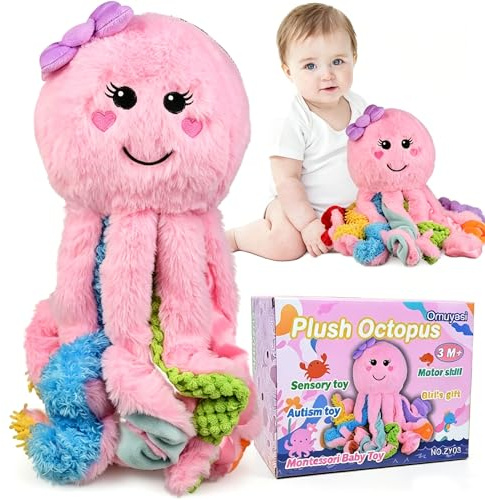Omuyasi Kuscheltier Baby Spielzeug ab 3 6 9 12 Monate, Rosa Octopus Plüschtier mit 8 Texturierte Tentakel, Autismus ADHS Sensorik Spielzeug Mädchen 1 2 3 Jahre, Ostern Geschenke für Baby Mädchen