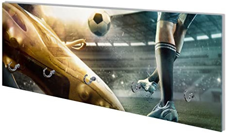 Wallario Wandgarderobe aus Glas in Größe 80 x 30 cm mit Memoboard-Funktion, Motiv: Fußball Goldschuh auf dem Feld | 5 Kleiderhaken zum Aufhängen von Jacken