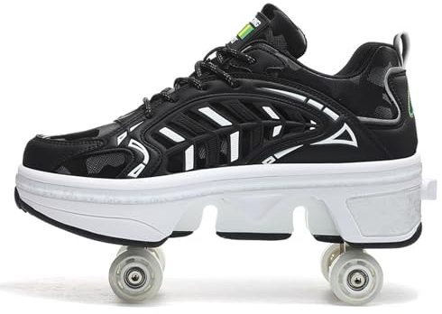 Roller Skates Outdoor, Parkour Schuhe mit Rollen für Mädchen/Jungen, Kick Roller Schuhe einziehbar, Unisex Skate Schuhe Freizeit Sneaker,Black-39