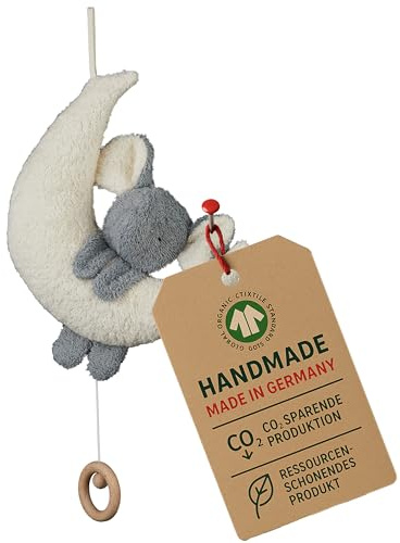 Efie — Bio doudou musical – éléphant sur lune | en coton 100% bio | GOTS certifiée | rembourrage de laine de mouton |fabriqué en Allemagne |Jouet durable pour bébé | Mélodie „Berceuse de Mozart