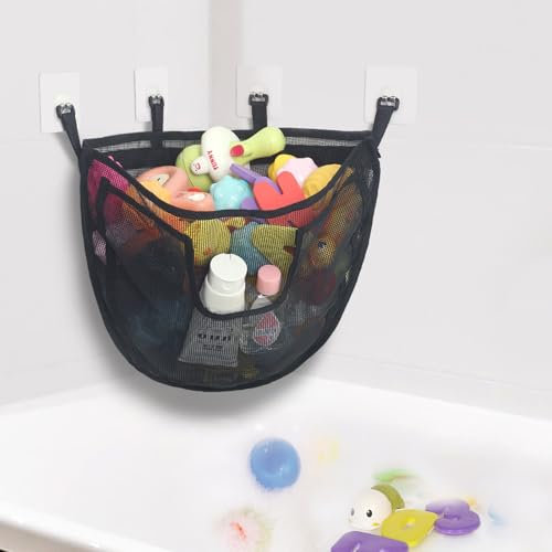 DOCMON Bath Toy Storage - Large Capacity Holder with Zipper, Quick Release Bathtub Storage with Large Pocket, Corner Mesh Organizer Basket Bin for Bathroom Toys - Black