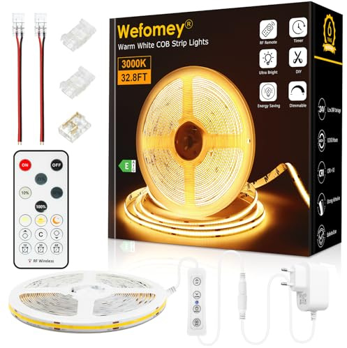 Striscia LED COB da 10 m, luce bianca calda, 3000 K, dimmerabile, 24 V, flessibile, con alimentatore di rete e telecomando RF, CRI>90, luce da incasso luminosa per TV, cucina, decorazione fai da te