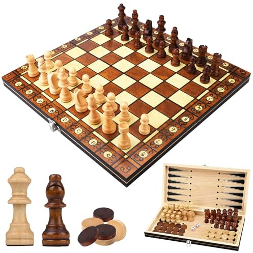 UCAMP Schachspiel, 3-in-1, faltbares Reise-Schachspiel, magnetisch, Holz, magnetisch, für die Familie, Aktivitäten, Party, Erwachsene, Kinder, Reisen, Strategiespiele (29 x 29 cm)