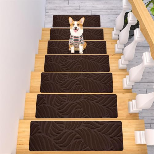 Surwin Stufenmatten 15 Stück, Treppenstufen Matten Treppen Stufenmatten Selbstklebend Innen Stufenmatte Teppich Treppenteppich Stufenteppich Treppenmatten (Braun,19x55cm)