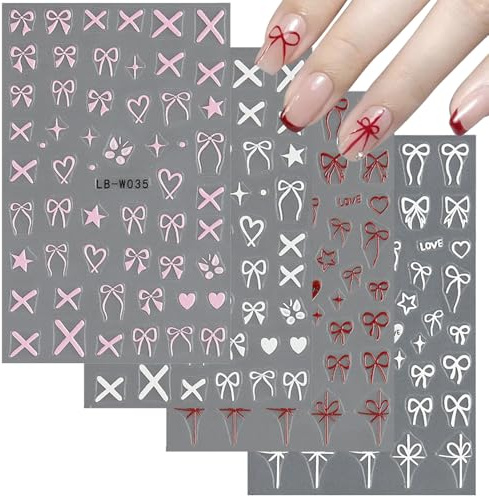 Bow Nail Stickers, 8 Sheets White Pink Red Hearts Bows Nail Art Stickers 3D Self Adhesive Stars Bow Nail Decals Valentine's Day Nail Art Decorations Accessories
