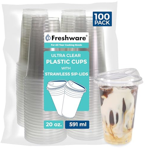 Freshware Clear Plastic Cups with Strawless Sip Lids [100 Cups - 20 oz] Disposable Tumblers for Iced Coffee, Smoothie, Milkshake, Cold Drinks