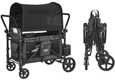 VEVOR VAGNvagn för 4 barn, hopfällbar barnvagn med tryck-drag med justerbart handtag, säkerhetssele och avtagbart tak, 4-sitsig barnvagn för camping, mörkgrå och svart (150 kg lastning)