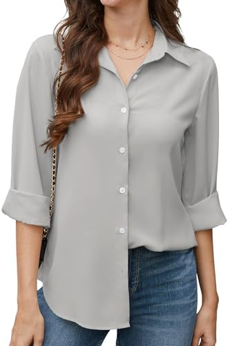 Stamain Camicia Donna Elegante a Maniche Lunghe in Chiffon Camicetta Scollo a V Casual Ufficio Camicie con Bottoni
