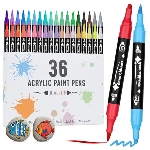 VynyQoo 36 Colori pennarello, Pennarelli Acrilici per Dipingere Sassi, Doppia Punta per Tessuti Legno Vetro Ceramica, Acrylic Marker Colori Acrilici per Bambini e Adulti