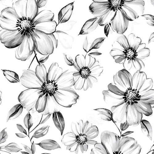 Selbstklebende Tapete Blumen in Schwarz und Weiß Mustertapete Aquarell Blumen Klebefolie Möbel Tapete Kinderzimmer Muster Dekofolie Möbelfolie Selbstklebend Wand Tapeten Wohnzimmer Schrankfolie Klebe