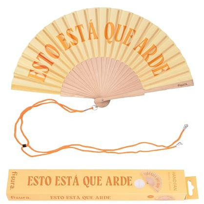 Fisura – Ventaglio in legno originale con messaggio “está que arde”. Accessorio colorato e dal design accattivante, ventaglio a mano giallo con gancio incluso. Dimensioni: 42,5 x 23 cm