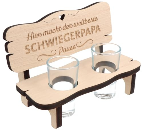 Spruchreif | Schnapsbank Schwiegerpapa-Pause mit 2 Schnapsgläsern | Holzbank mit Gravur | Geschenk für den Schwiegervater | Maße: 16,5 x 9 x 11 cm