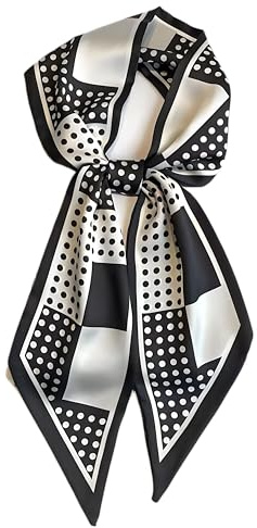 GIMIRO Satin Seidenschal 148 x 13,5 cm Geometrischer Polka Dot Seidenschal Schwarz-Weiß Modernes Design Elegantes Accessoire (Black White Block Polka Dots)