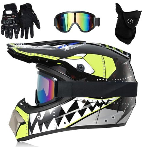 Jugend-Motocross-Helm, Kinder-Motorradhelm MX Quad ATV Sports Enduro Crash Dirt Bike, mit Schutzbrille, Maske, Handschuhen(Black Teeth,S(52-53cm))