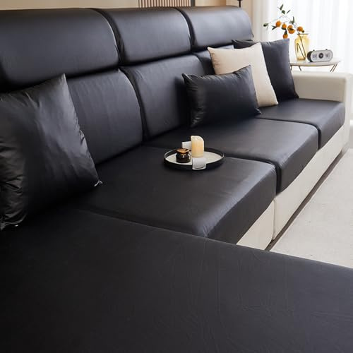 Reyox Wasserdicht Sofabezug aus Kunstleder, rutschfest Sofa Überzug mit Gummizug, Sofabezüge für L Form Ecksofa Ohne Armlehne, Schwarz, Sitzbezug (XL)