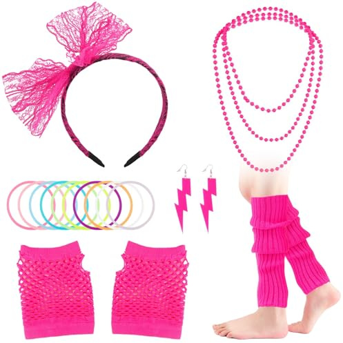Verkleidungsset 80er Jahre Outfit,Jahre Kostüm Sets Spitzen Stirnband Neon Ohrringe Fingerlose Netzhandschuhe Für 80er Jahre Party Zubehör,Disco Fever,Thema Party Karneval,Assesoires Damen,
