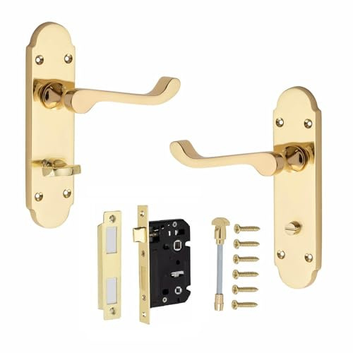 Golden Grace Victorian Scroll Bathroom Handle Set, Polished Brass | Supplied with spindles and screws for quick fitting, this 168mm x 40mm metal set features a classic polished brass finish.