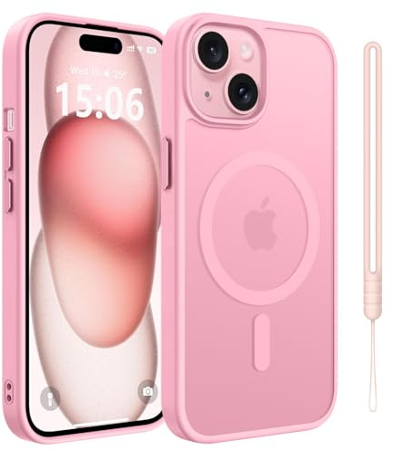 jrester Cover Magnetica per iPhone 15 con Cordino, Custodia Traslucida Opaca Hard PC Sottile TPU Antiurto Protettiva Case per iPhone 15 - Rosa