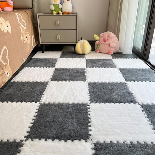 PULaif Tappeto per Gattonare in Peluche, Piastrelle for Moquette ad Incastro in Schiuma Eva Multicolore 12x12 Pollici, Confezione da 16(White And Grey)