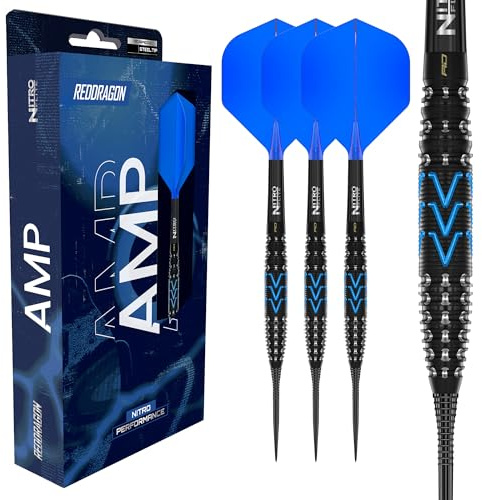 Röd DRAGON Darts – AMP-serien – 24 g Torpedo-fat stålarts – dartpilar metallspets – 90 % volfram professionell dartpilar – Nitro Flite integrerad flyg/schakt, dartvingar och skaft