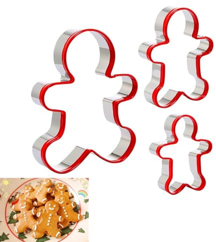 Ginddy Moldes Galletas,3 Cortadores de Galletas de Hombrecito de Jengibre Cortadores de Navideñas de Acero Inoxidable con Borde de PVC Rojo para Hornear Galletas Festivas de Hombrecito de Jengibre