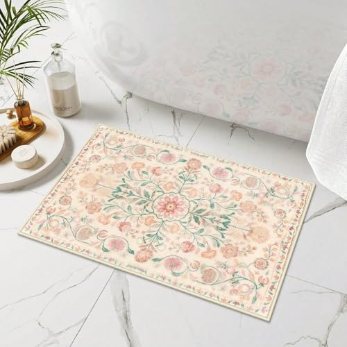 ZDLLDZ Boho-Badematte, beige, geblümt, kleine Badezimmerteppiche, rutschfest, Vintage-Bauernhaus-Blumenmuster, Badeteppiche für Badezimmer, Toilette, Waschbecken, Badewanne (50 x 80 cm/rutschfest)