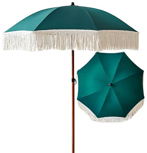 HZSCL Parapluie de Jardin Extérieur à Franges Vert 180cm, Parasol Etanche en Polyester avec Poteau en Aluminium Grain de Bois Antirouille, Parasol Ventproof pour Plage/Cour/Usage Commercial