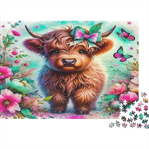 Träumendes Hochlandkalb 1000 Teile Papier Puzzle für Erwachsene Blumen Schmetterling Kunst Motiv Dickes Papier Tierisches Steckspiel Deko Entspannung 52x38cm/1000pcs