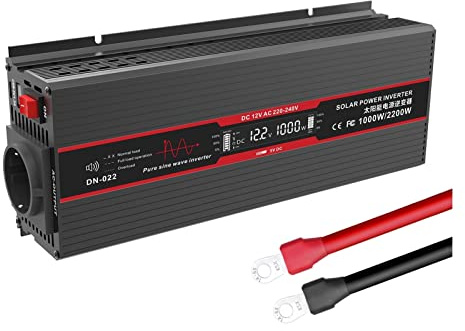 Inverter, Inverter a onda sinusoidale pura 1000W Convertitore di tensione 12V Potenza picco 2200W 50HZ for auto con USB(Inverter Black)
