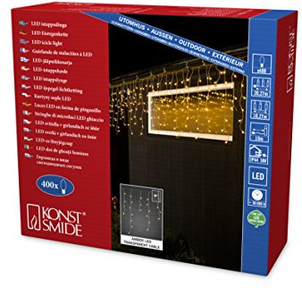 Konstsmide 3673-803 LED glassregn ljusgardin, med vita glober/för utomhusbruk (IP44)/400 bärnstensfärgade dioder/24 V utomhustransformator/transparent kabel, bärnsten